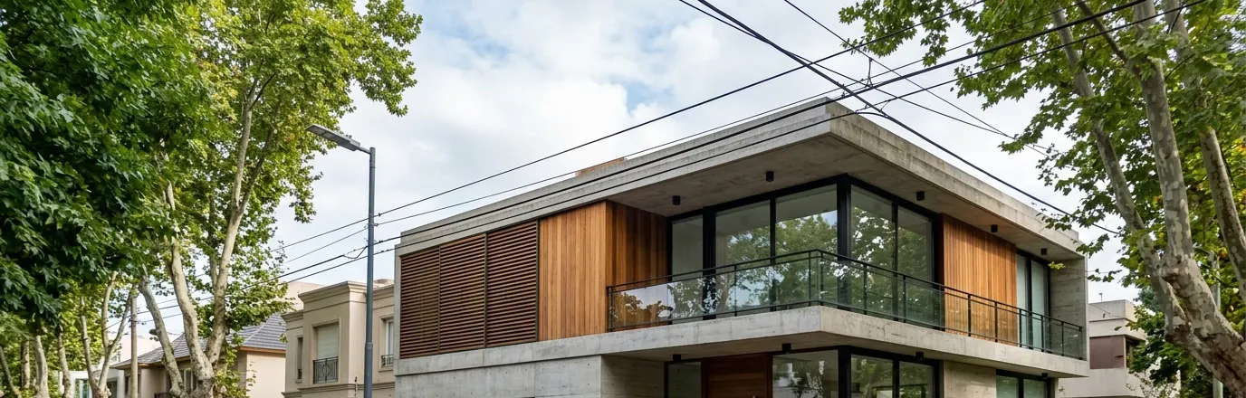 Fachada de una casa moderna de hormigón y madera en una calle arbolada de Zona Norte, vista desde la vereda de enfrente.